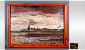 Unusual Oil Painting On Panel Of Blackpool At Night. Depicting the tower and promenade at dusk.