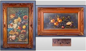 Still Life Print Flowers in Vase, gilt swept frame. Oil on Board Signed W Collins 22 by 34 inches.