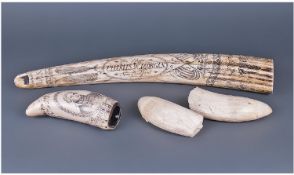 A Pair of Whale Teeth and two pieces of reproduction Scrimshaw work.