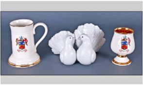 Lladro Porcelain Dove Figure, together with two crested ware items, a tankard and goblet.