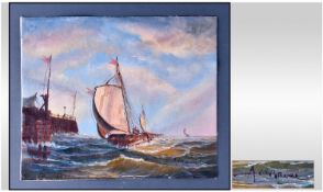 Small Oil Painting, unframed, no stretchers depicting ship sailing in rough seas. Signed