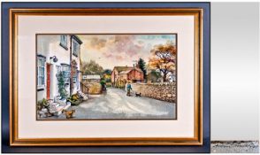 Albin Trowski Watercolour, country village street scene with a man walking his dog & the location