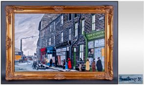 Howard Turner `Sun Street - Old Keighley` oil on canvas, signed Howard Turner & dated 1990. Gilt