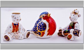 Royal Crown Derby Paperweight`s ( 3 ) In Total. Robin - Gold Stopper, Date 2004 + Two Bear