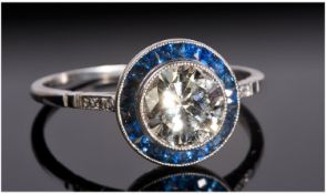Art Deco Style Diamond & Sapphire Ring, The Central Round Brilliant Cut Single Stone Diamond