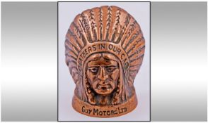 Vintage Brass Car Mascot Desk Paperweight In the from of an Indian Chiefs Head. For Guy Motors Ltd,