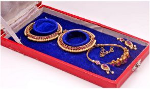 Boxed Suite Of Indian Costume Jewellery, Comprising Earrings Earrings, Two Bangles And a Bracelet,