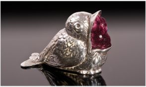 European 19th Century Silver Pin Cushion in th form of a baby chicken with mouth wide open. Marked