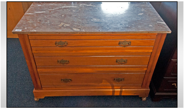 Edwardian Beechwood Chest Of Drawers,  Pink Marbled Top Above Three Drawers, Height 31 Inches, 42