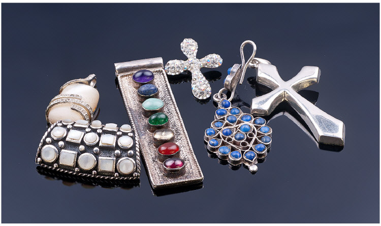 Collection Of Six Silver Pendants, Comprising Crosses, Stone Set Etc