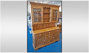 Large Pine Welsh Dresser, Plate Rack Between Two Glazed Cabinets Raised On A Cupboard Base, Height