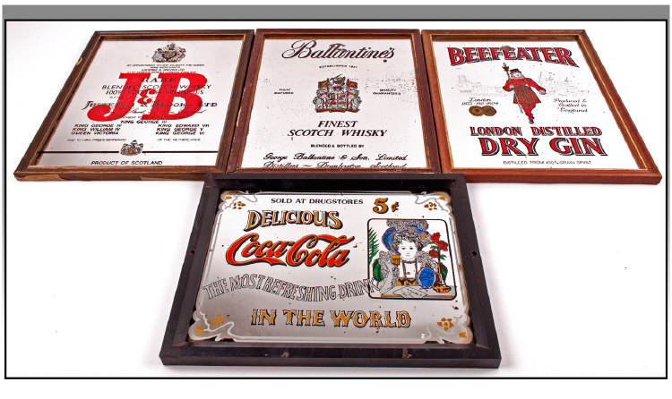 Four Framed Advertising Mirrors, Ballantimes, Scotch Whiskey, Beefeater Gun, J&B Whiskey, Coca