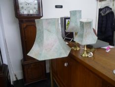 Brass Standard Lamp together with two matching table lamps with matching mottled green shades.