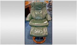 Stressless Forest Green Leather Swivel Recliner Chair with Matching Footstool.