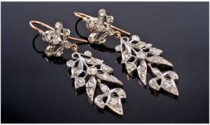 Pair Of Continental Diamond Drop Earrings Of Floral Design Set With Old Rose Cut Diamonds, Height