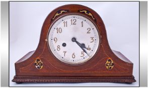 Mahogany Case 1930`s Mantel Clock, with 8 day striking clock movement. With inlay and string