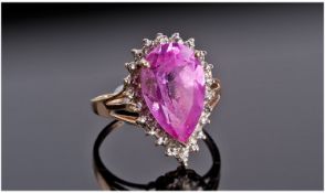 9ct Gold Diamond Cluster Ring, Set With A Central Pear Shaped Pink Topaz Surrounded By Round Modern