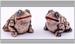 Victorian Novelty Pair of Miniature Resin Figures of Frogs, with Turquoise Coloured Eyes and Red