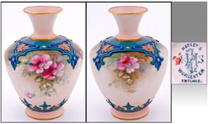 Hadley Worcester Handpainted Faience Vase. circ 1880`s. Stands 4.5 inches high. Good condition in