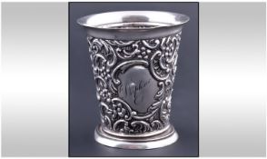 Edwardian Silver Embossed Cup with scroll and floral decoration. Hallmark Birmingham 1902. 3 inches