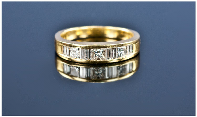 18ct Gold Half Eternity Diamond Ring, Channel Set Princess And Baguette Cut Diamonds, Fully