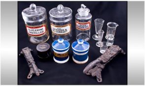 An Interesting Lot of Pharmacy/Chemist Clean Glass Jars and Measuring Glasses and Ceramic Jars,