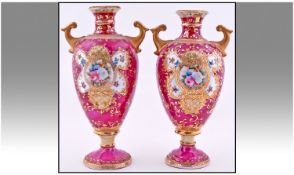 Noritake Fine Pair of Handpainted and Hand Finished Two Handled Vases, the central panels painted