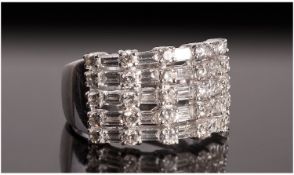 18ct White Gold Diamond Ring, Set With Five Rows Of Alternating Round Brilliant And Baguette Cut