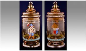 German Nineteenth Century Bohemian Glass Lidded Vase. Dated 1656 with a raised enamel figure of a