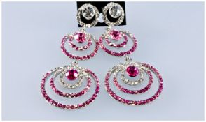 Pair of Pink and White Crystal Statement Earrings, long drops formed from circles within circles,