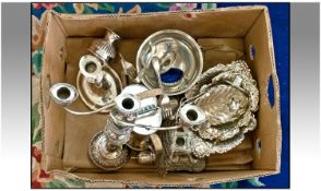 Box Of Silver Plated Items, comprising candle stick, teapots, candlabra, entre dishes, etc.