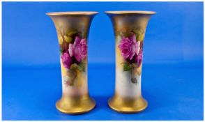 Royal Worcester Signed Pair of Hand Painted Trumpet Shaped Vases, Stillife ` Roses ` Signed Millie