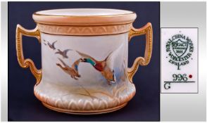 Royal China Works Worcester James Stinton Signed And Hand Painted Two Handled Cup. Shape number