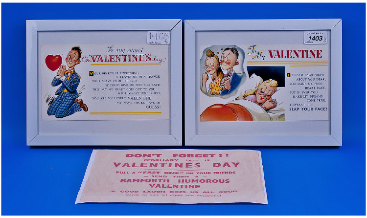 Bamforth Comic Valentine Cards. Framed pair of 1950`s large size cards with image of original