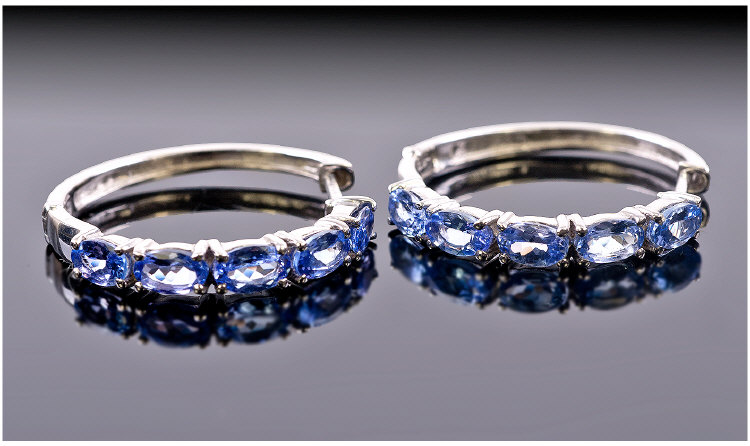 Tanzanite Pair of Hoop Earrings, Full Circle Hinged Hoops with Five Oval Cut Tanzanite`s, the Rare