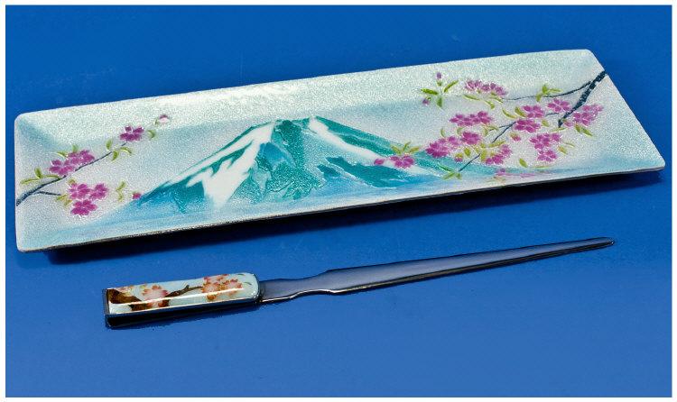 Japanese White Metal & Enamel Dressing Table Tray And Paperknife. The oblong tray with concave