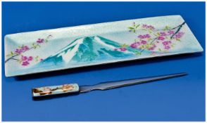 Japanese White Metal & Enamel Dressing Table Tray And Paperknife. The oblong tray with concave