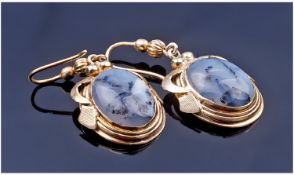 Victorian Mid Nineteenth Century Scottish Pair of Pinchbeck and Carbouchon Agate Set Drop Earrings.