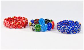 Set of Three Murano Millefiori Bracelets, one with the tiny flowers within oval crimson beads, one