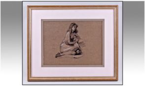 20th Century Nude Portrait of a Seated Girl. Charcoal heightened with white, unsigned. Size 8.5 x