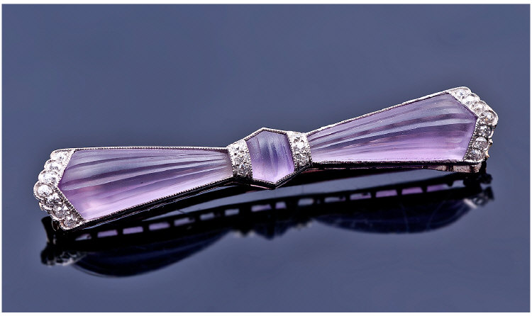 Art Deco Fine Platinum And Diamond Bow Tie Brooch Set with lilac coloured moulded ribbon glass