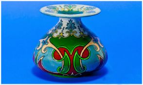 Shelley Intarsio Squat Bulbous Vase, the main body decorated with sky blue, tan, buff and shades of