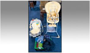 Assortment Of Baby Care Items. Comprising high chair, bouncer, clothes, toys, etc.