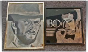 Two Framed Mirrored Glass Bogart David Burke 1985 And Clint Eastwood. Sizes 16 x 16 inches and 20 x