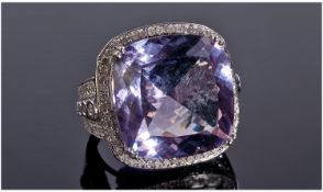 14ct White Gold Diamond & Amethyst Ring, Set With A Large Cushion Cut Amethyst (Estimated Weight