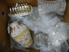Box Of Assorted Glass Ware And Metal Ware. Comprising flower vases, basket, silver plated toast