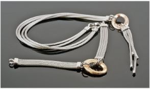 Silver Italian Designer Necklace And Bracelet Set, Central Oval Gilt Ring Set Between Four Tubular