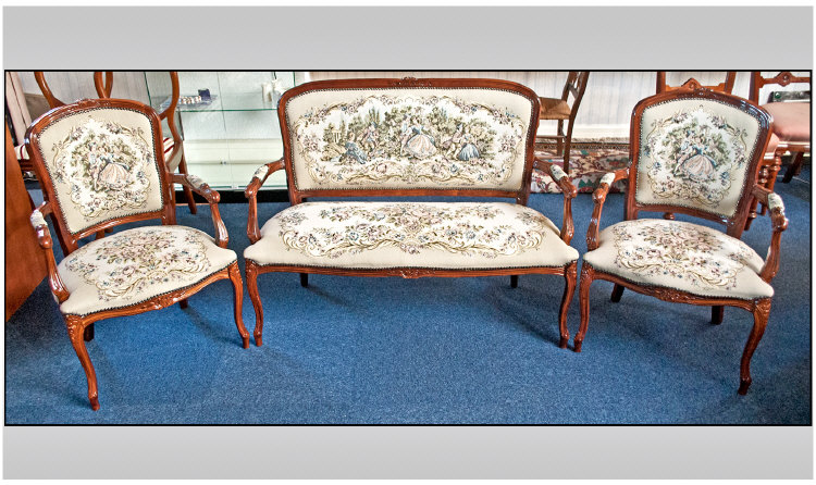 French Louis XVI Style Boudoir Three Piece Suite, Tapestry Design Seat And Back Rests. Comprising