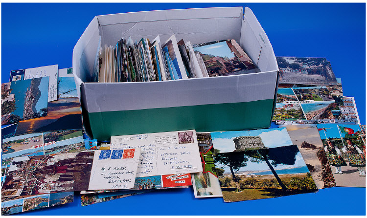 Box Of Assorted Postcards And Stamps.
