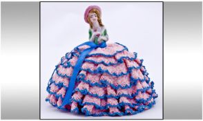 1920`s/1930`s Pin Cushion in the form of a lady with a pink and blue crocheted crinoline dress and